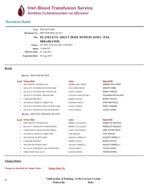 Platelets Adult Dose with irradiated Plasma/PAS IBTS 2022