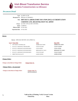IBTS RCI Laboratory ISO 15189 [2012] Accreditation Certificate, Registration No.. 405MT