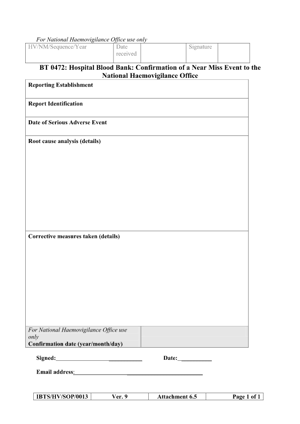 hospital blood bank sae near missu confirmation report form