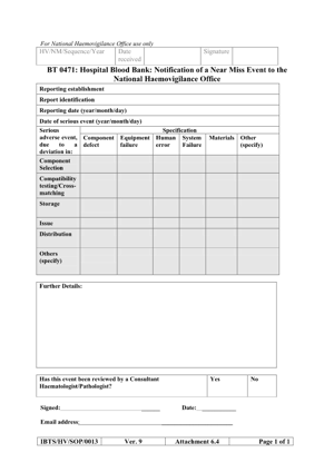 hospital blood bank sae near miss notification report form