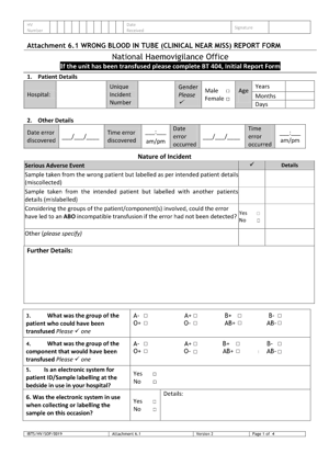 Wrong Blood in Tube Clinical Near Miss Form